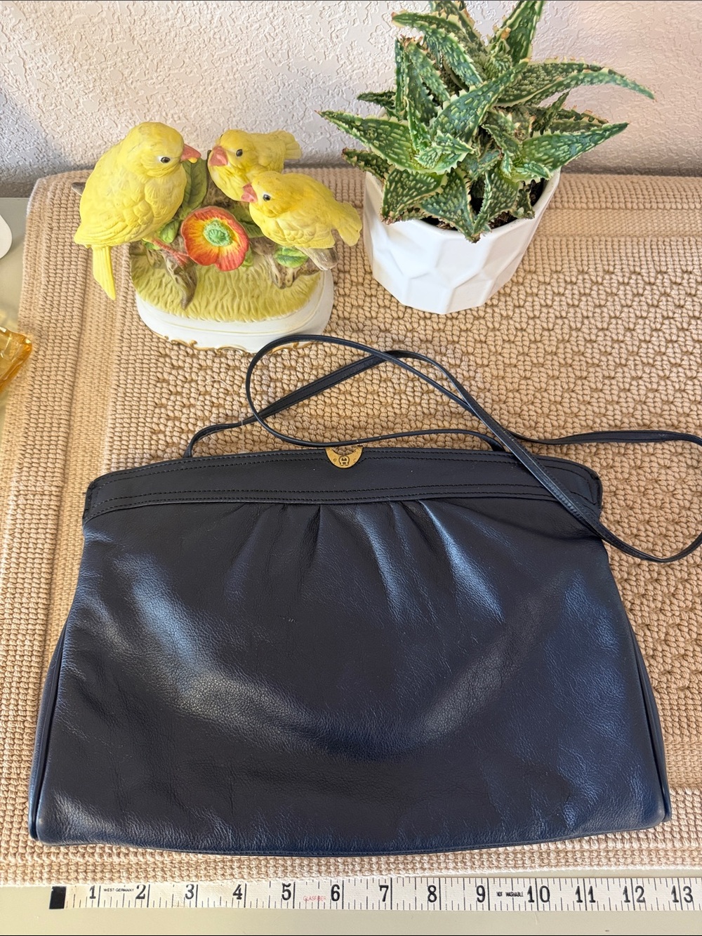 Vintage Etienne Aigner Navy Blue Leather Shoulder Bag Crossbody Purse Brass Logo